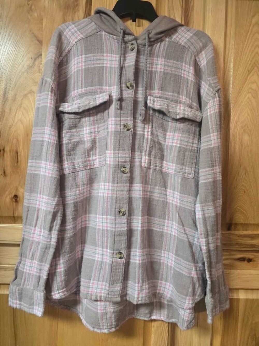 So Womens Med Pink Beige Plaid Hooded Shirt Flannel Long Sleeve Button Up Top (l